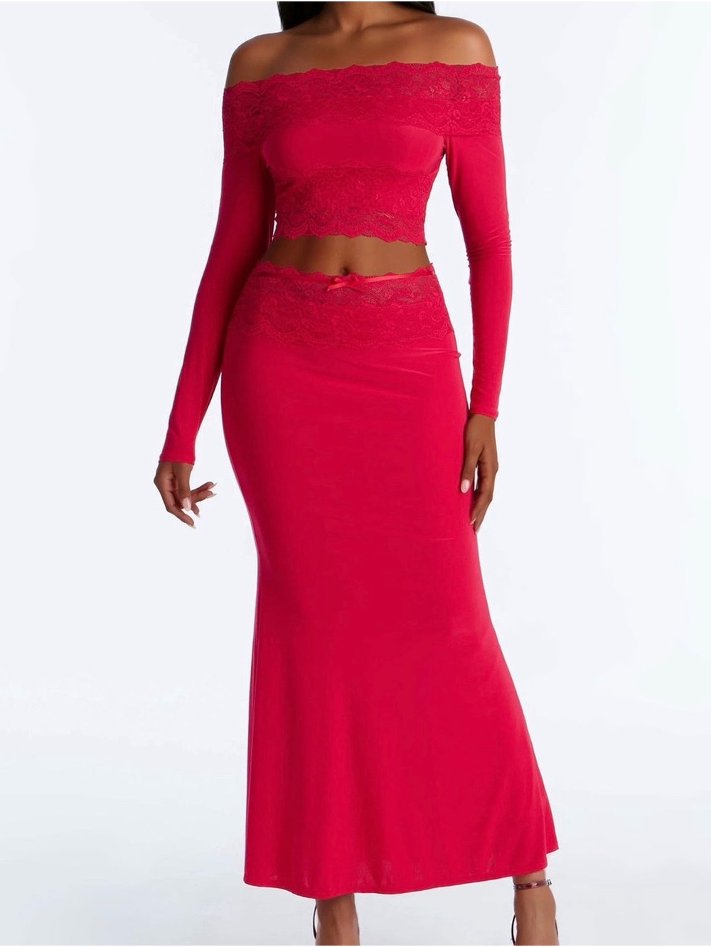 Fashion Nova red Lace-Trim Maxi Skirt Set